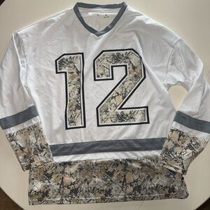 White Athletic Jersey with Gray Trim and Camo Accents